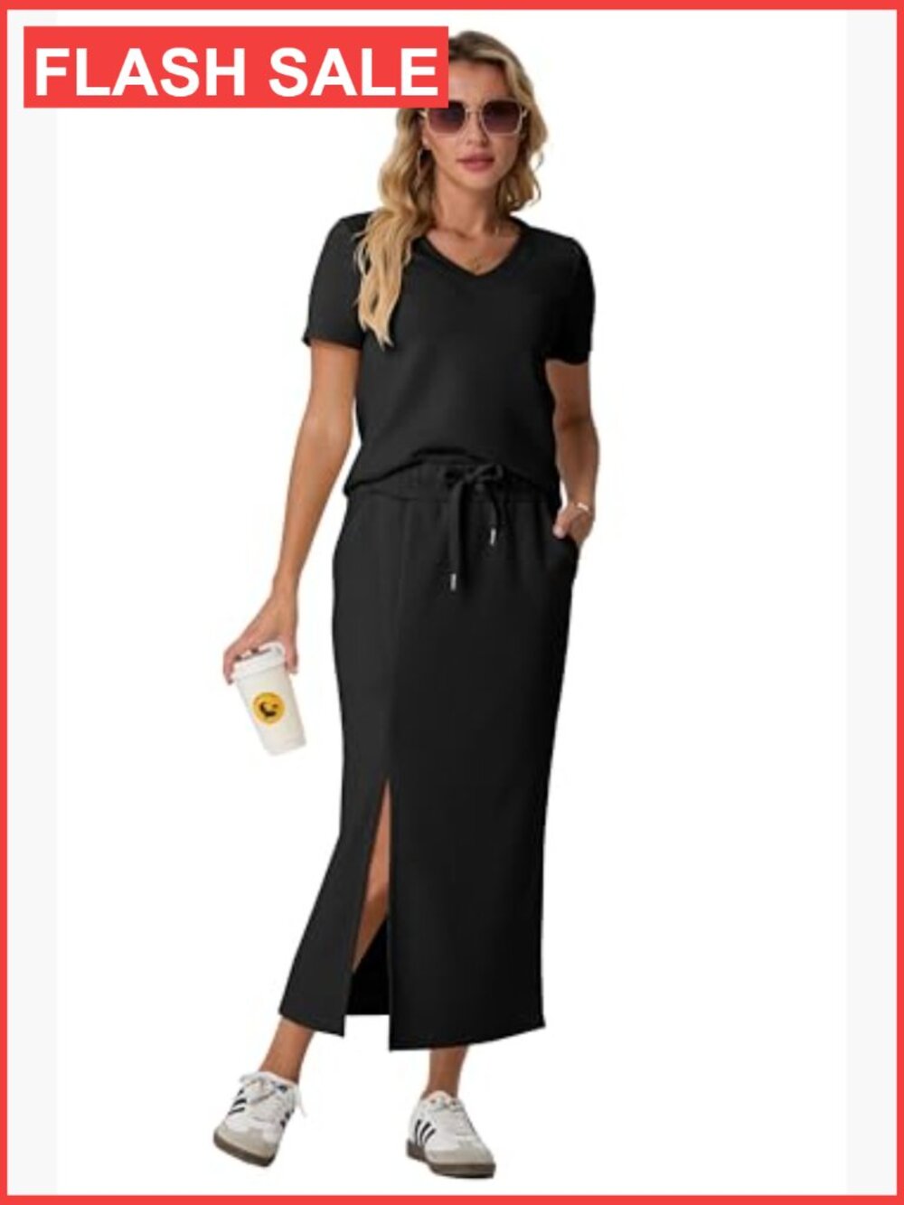 V-Neck Short Sleeve Top & Side Slit Midi Skirt Set with Pockets - Picture 2 of 7